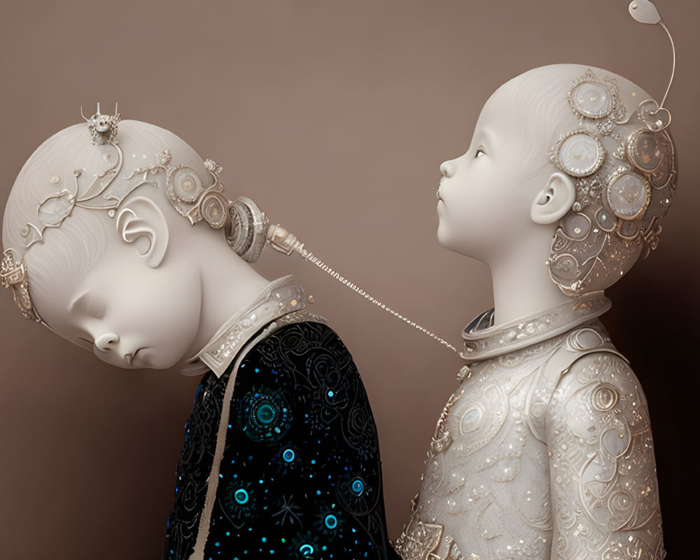 Surreal mannequin-like figures with intricate headpieces connected by cable