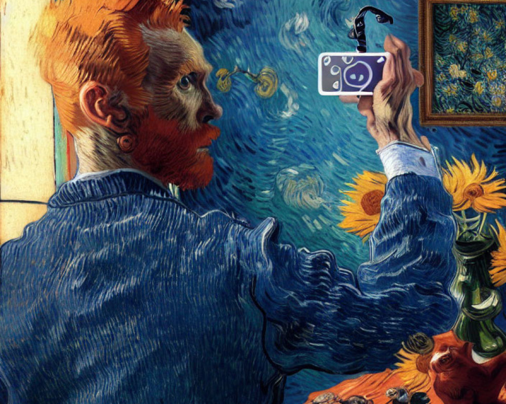 Vincent van Gogh taking a selfie with smartphone by "Sunflowers