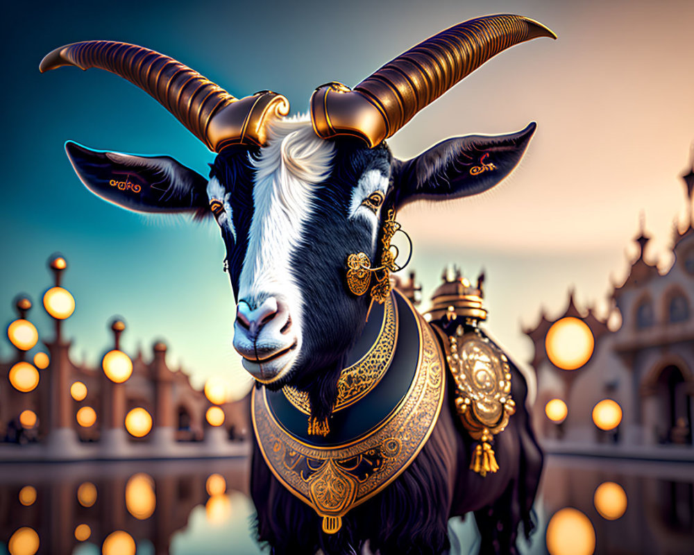 Stylized image of goat with large curled horns in ornate gold and blue decorations against bokeh