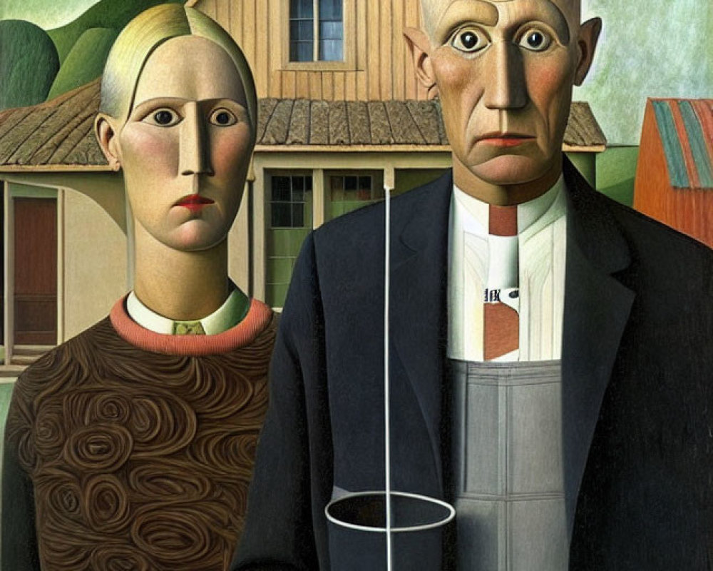 Traditional painting of farmer couple with pitchfork in front of house