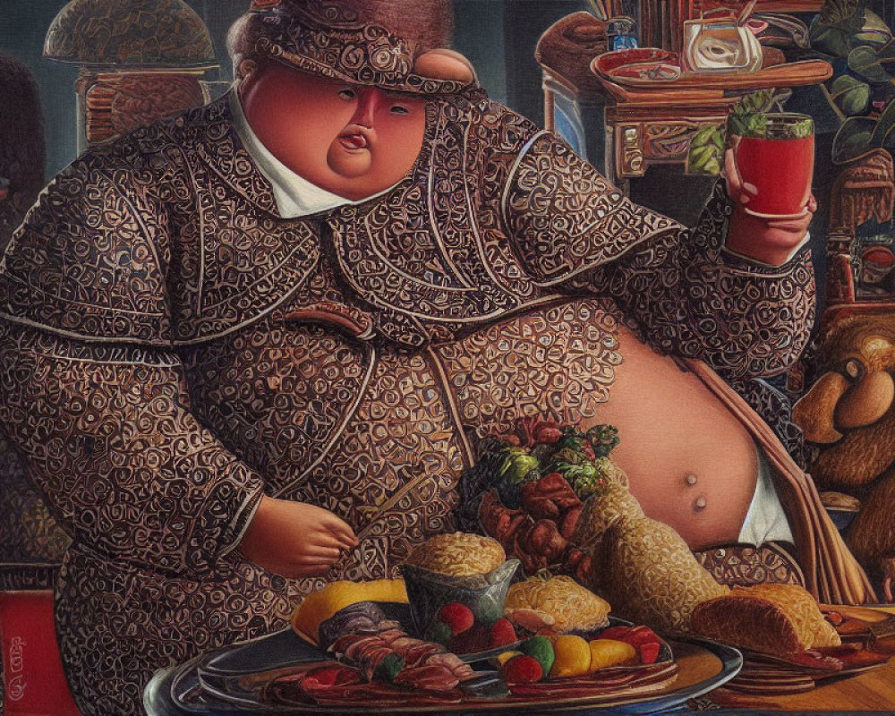 Portly individual in ornate clothing with red drink surrounded by food and plush bear