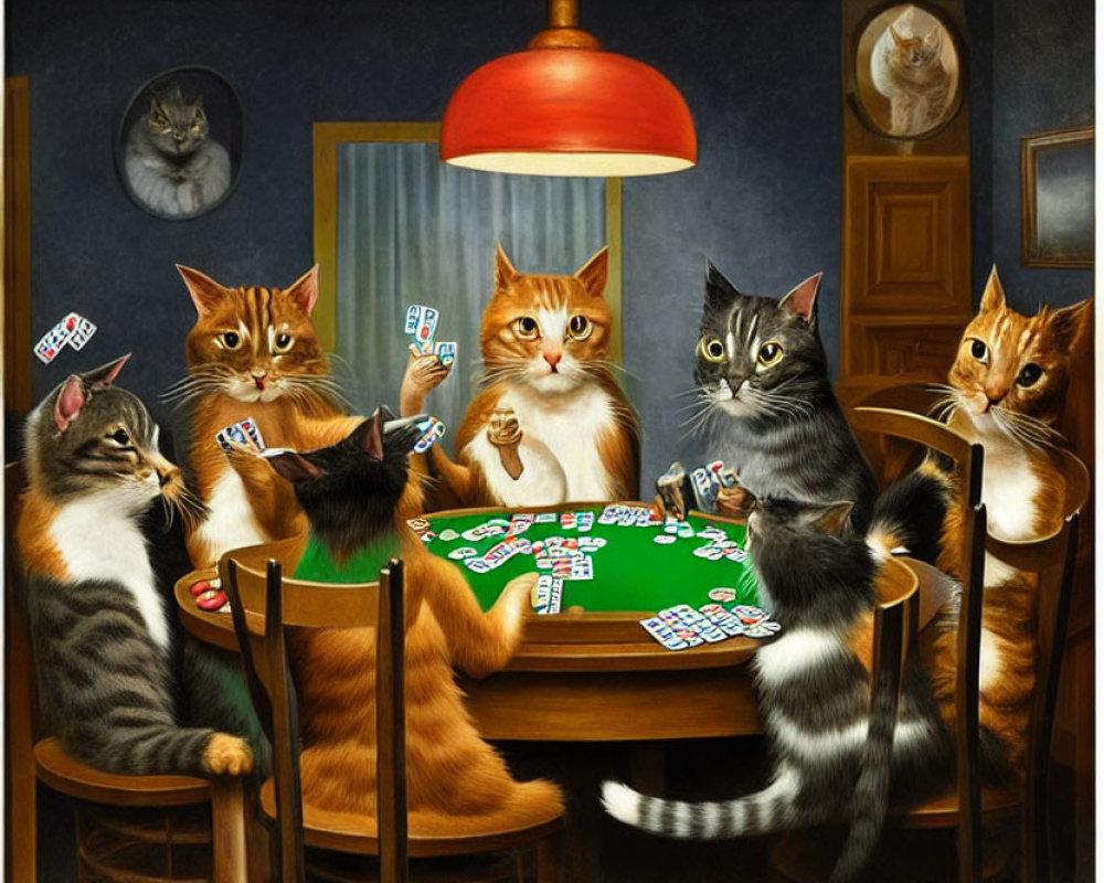 Anthropomorphic cats playing poker in a room with cat portraits