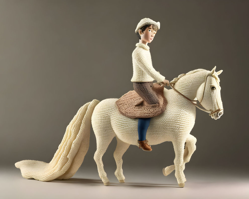 Cream and White Knitted Woman on Horseback Artwork in Neutral Background