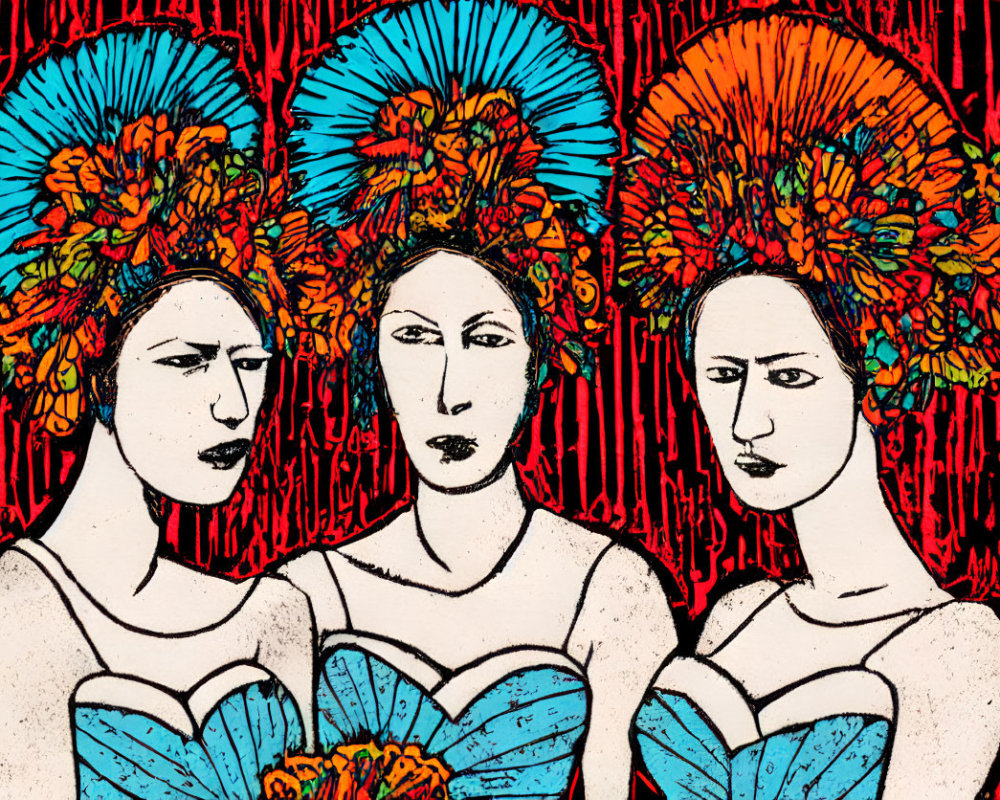 Colorful stylized illustration of three women with elaborate headdresses on red background