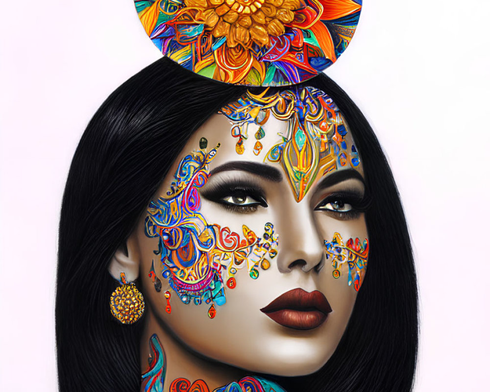 Colorful Woman with Elaborate Face Paint and Floral Headpiece Illustration