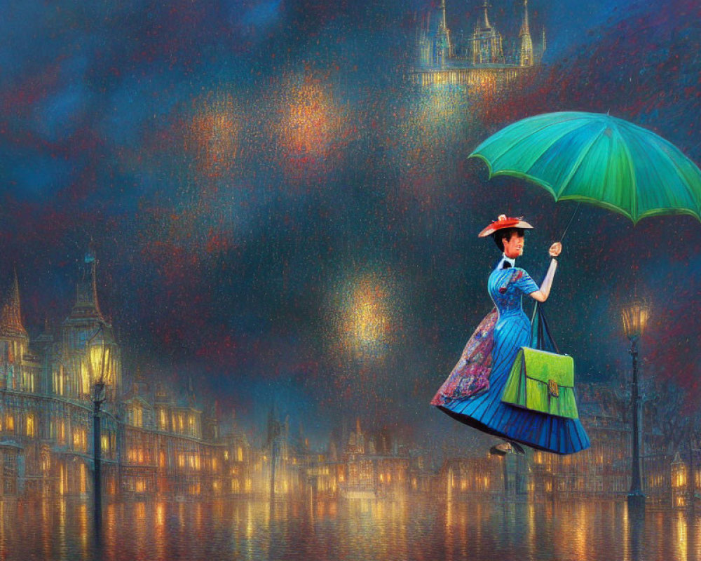 Whimsical character in vintage dress and hat with green umbrella above rain-soaked cityscape at twilight