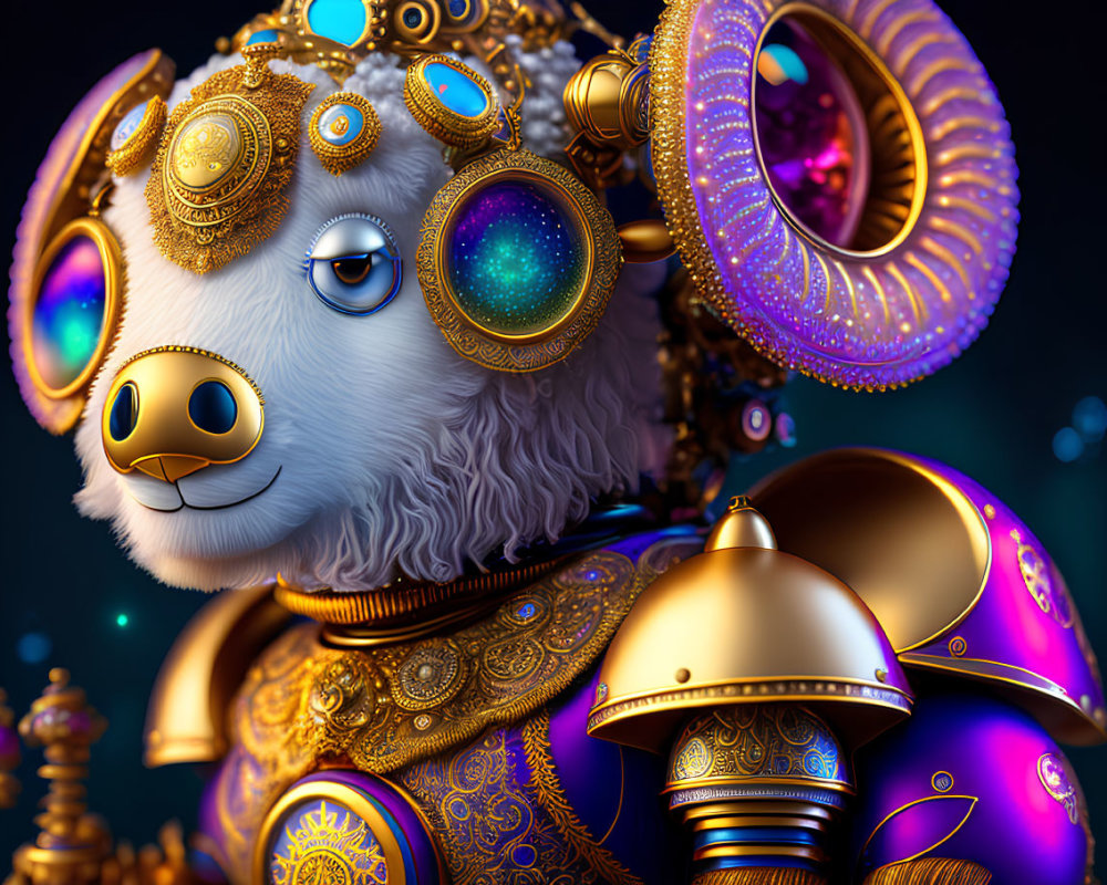 Whimsical sheep digital artwork with gold and purple cosmic armor