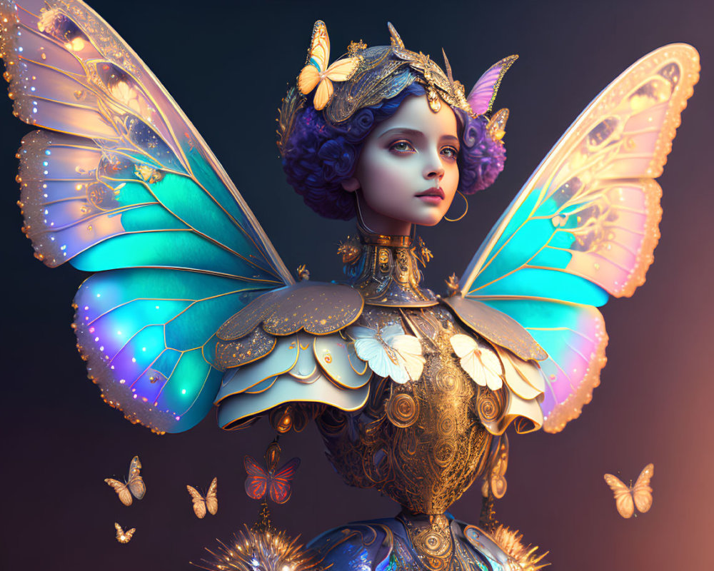 Fantasy digital art: Female figure with butterfly wings in gold and blue attire.