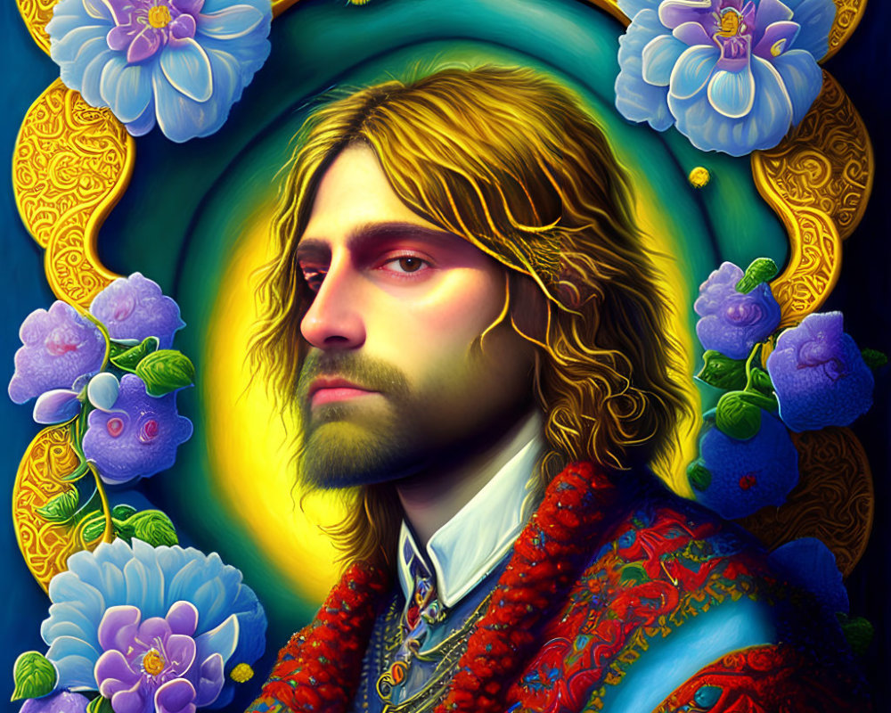 Man with Long Hair and Beard in Red Garment Surrounded by Blue Flowers