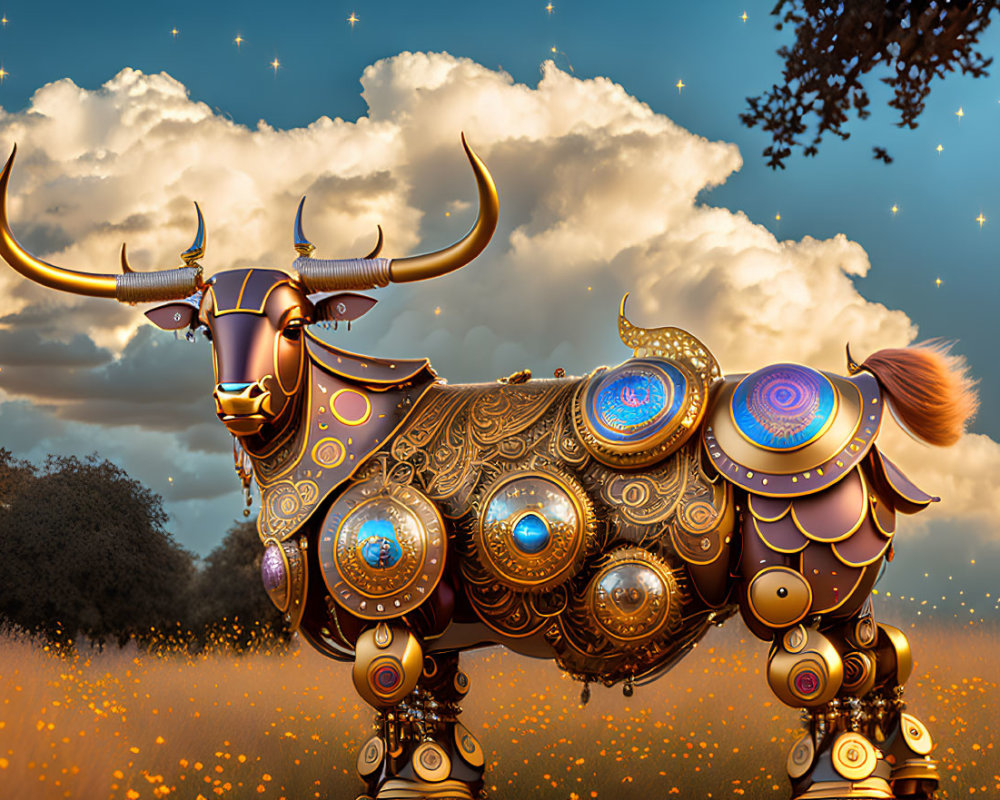 Mechanical bull with golden designs under starry sky and butterflies.