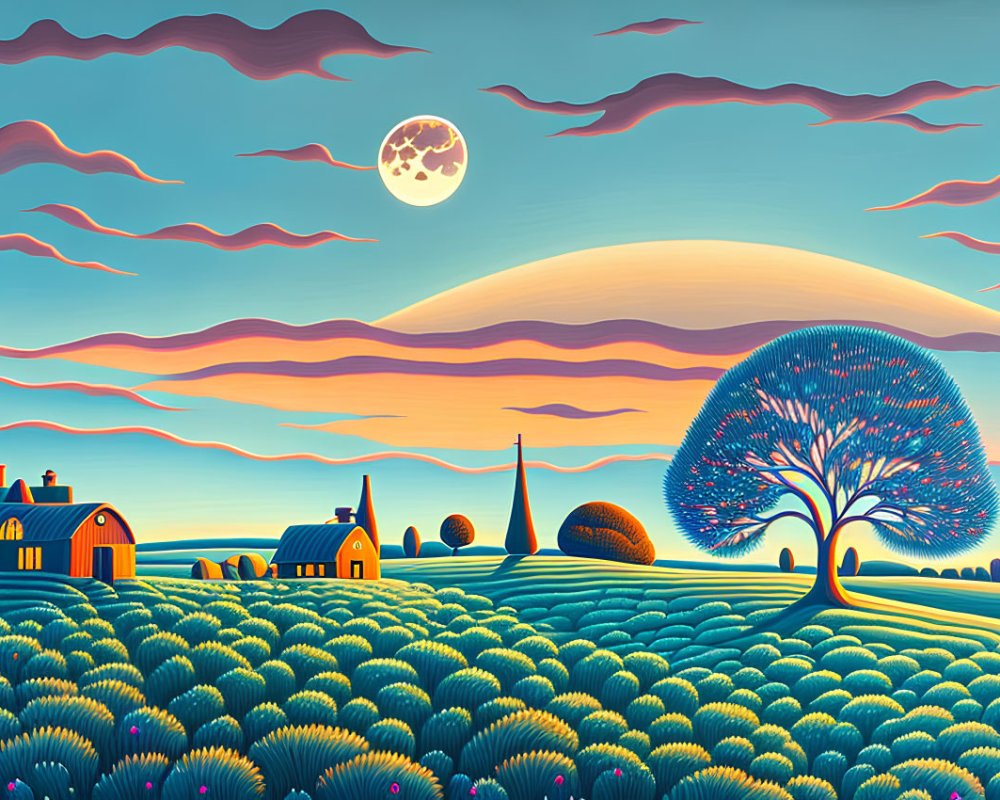 Colorful Stylized Landscape with Moon, Tree, and Houses
