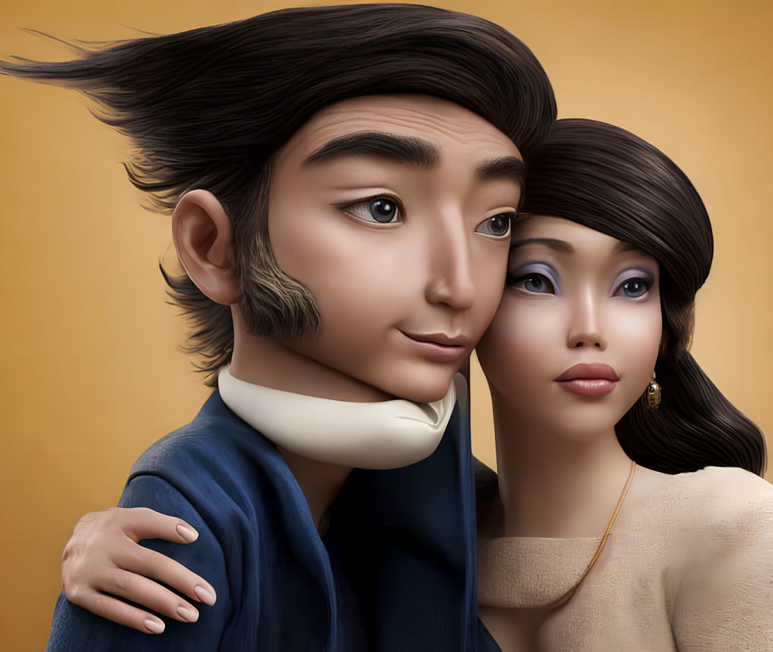 Blue and beige animated characters with romantic undertones.