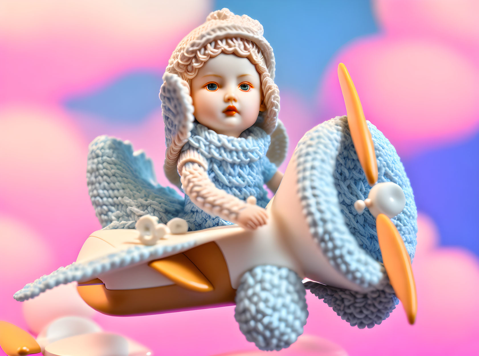 Detailed 3D Rendering: Doll with Bonnet on Stylized Airplane in Pastel Background
