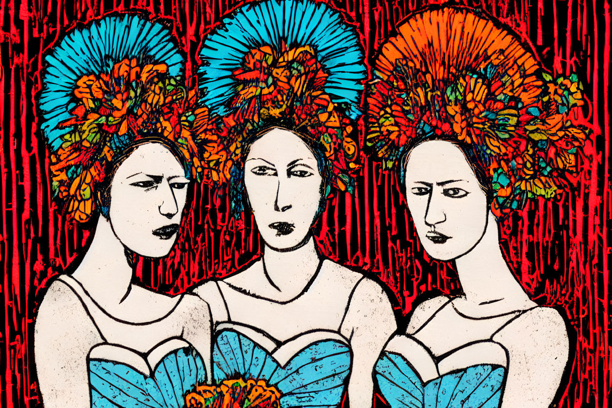 Colorful stylized illustration of three women with elaborate headdresses on red background