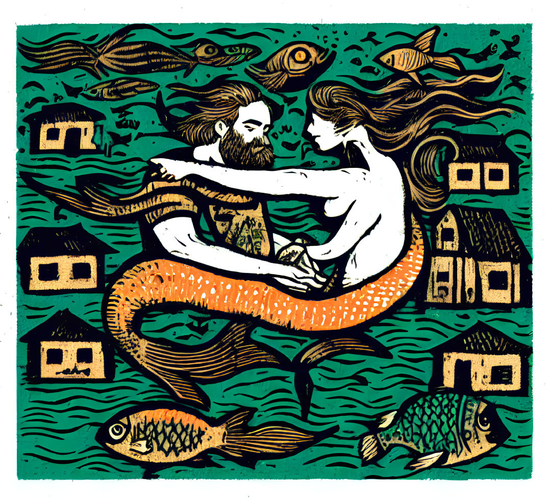 Illustration of bearded man and mermaid exchanging heart in fish-filled sea.
