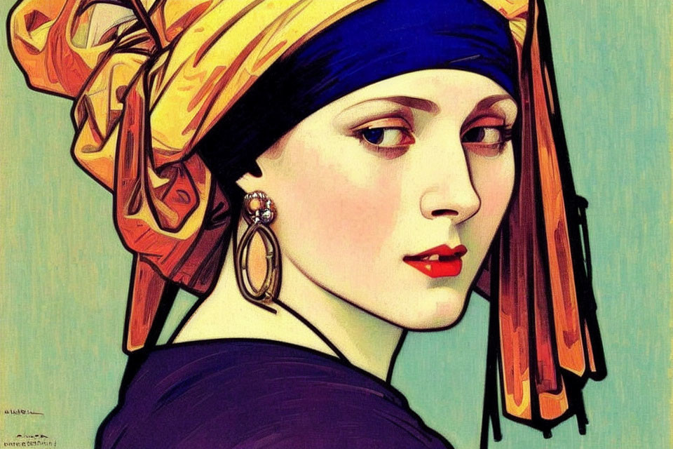 Portrait of Woman with Yellow Turban, Blue Headscarf, Red Lipstick, and Ornate