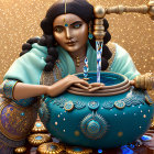 Traditional woman in golden jewelry holding water droplet over astrological vessel on ornate backdrop