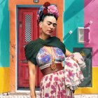 Woman in Frida Kahlo style poses in front of colorful Mexican house