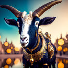 Stylized image of goat with large curled horns in ornate gold and blue decorations against bokeh