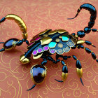 Mechanical scorpion 3D illustration with golden and black body on ornate pink surface