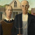 Traditional painting of farmer couple with pitchfork in front of house