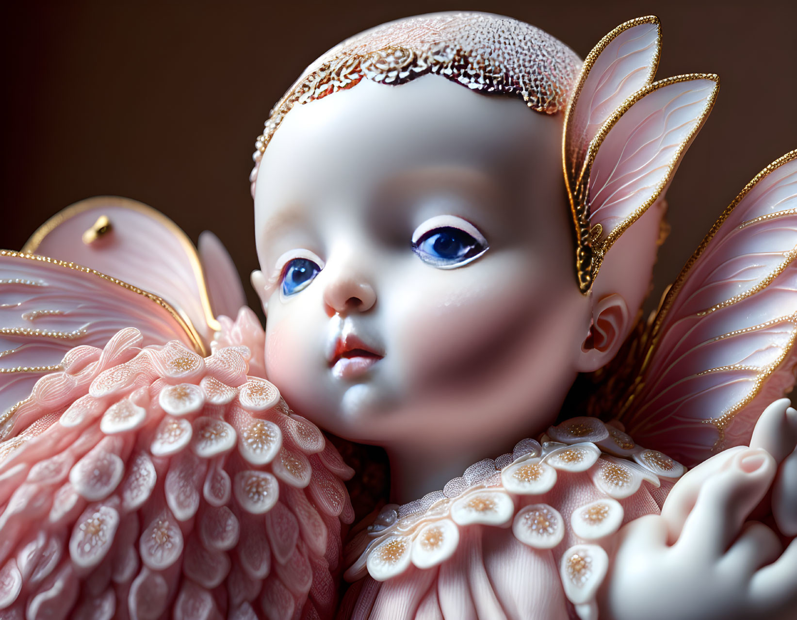 Porcelain angel figurine with pink wings and golden headband