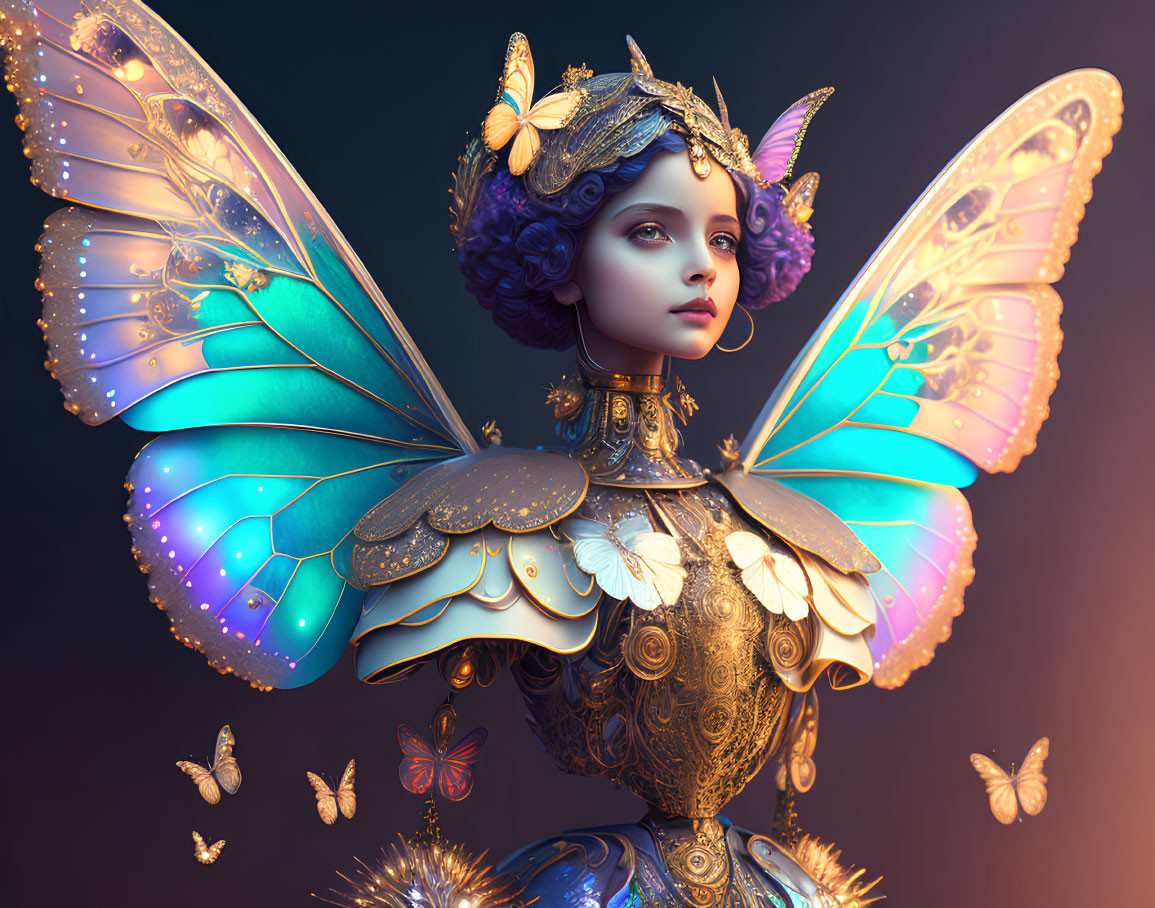 Fantasy digital art: Female figure with butterfly wings in gold and blue attire.