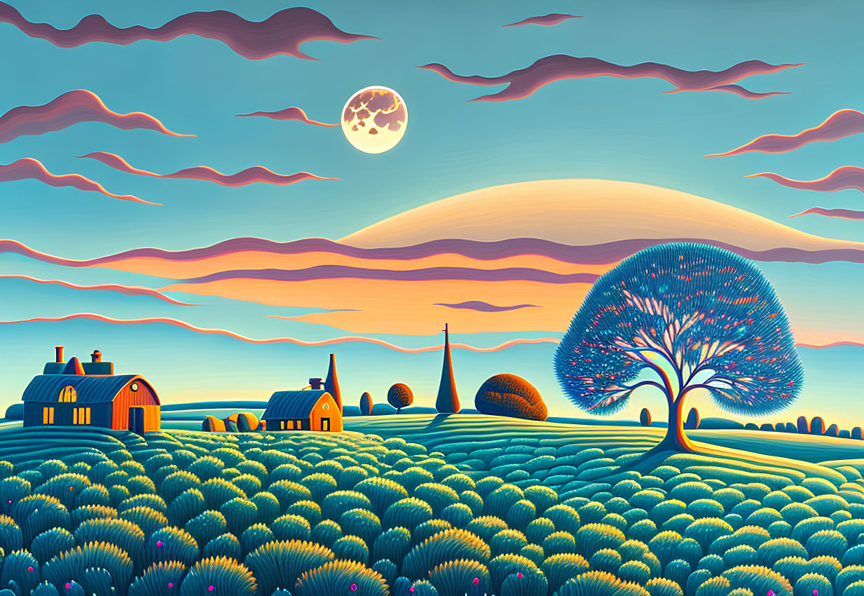 Colorful Stylized Landscape with Moon, Tree, and Houses