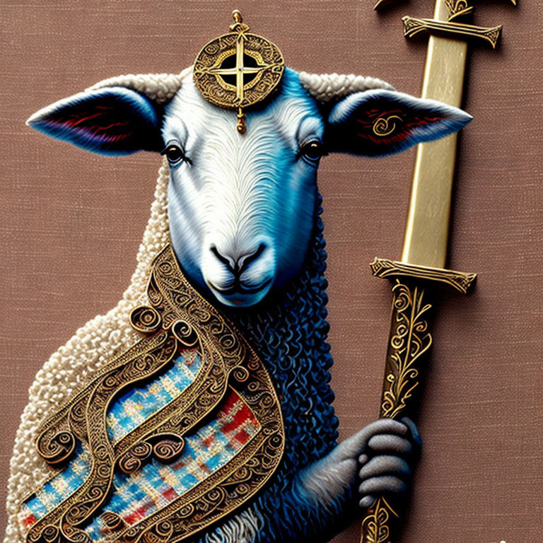Regal Sheep Illustration in Medieval Attire on Brown Background
