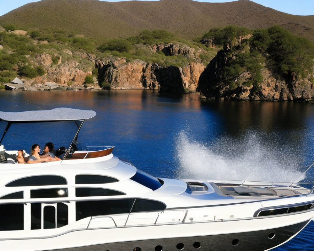 Luxury yacht cruising near green hills on tranquil water