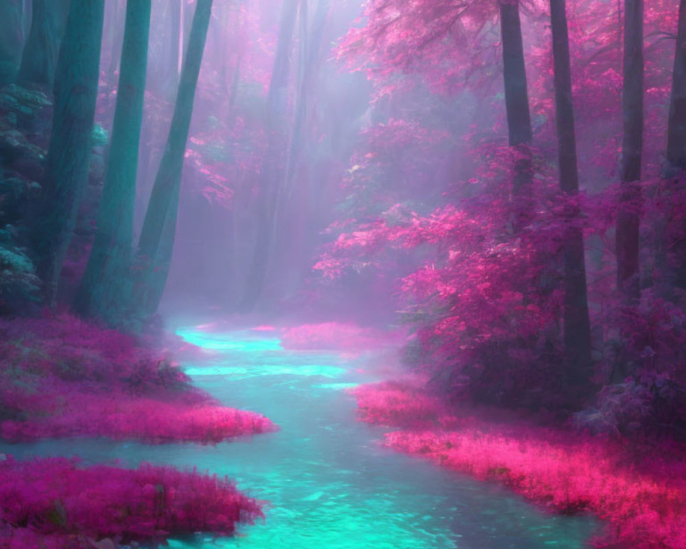 Vibrant pink and purple forest scene with turquoise river and ethereal light