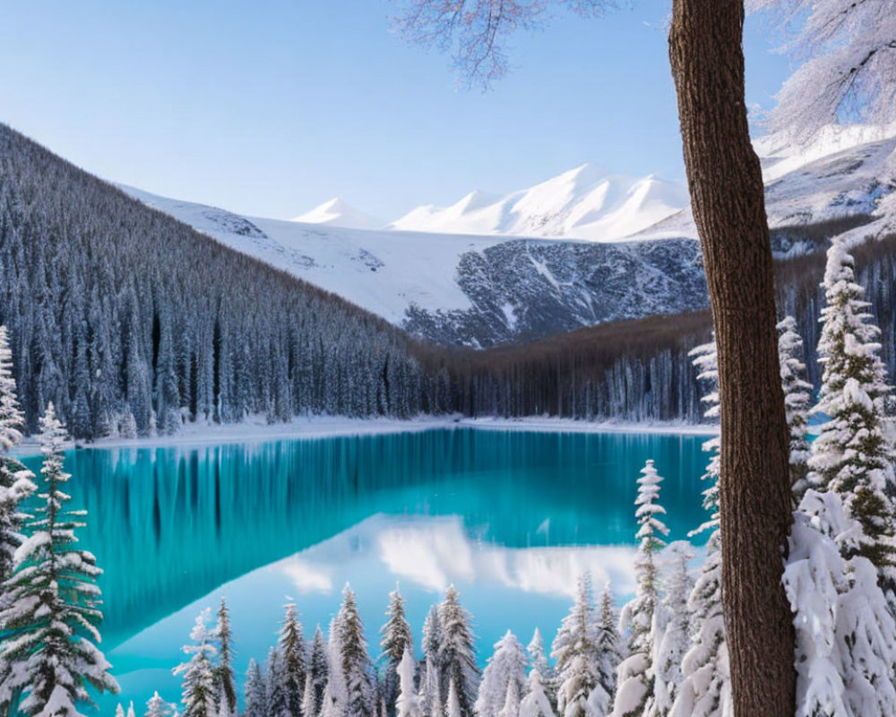 Snowy Winter Landscape with Turquoise Lake and Mountains