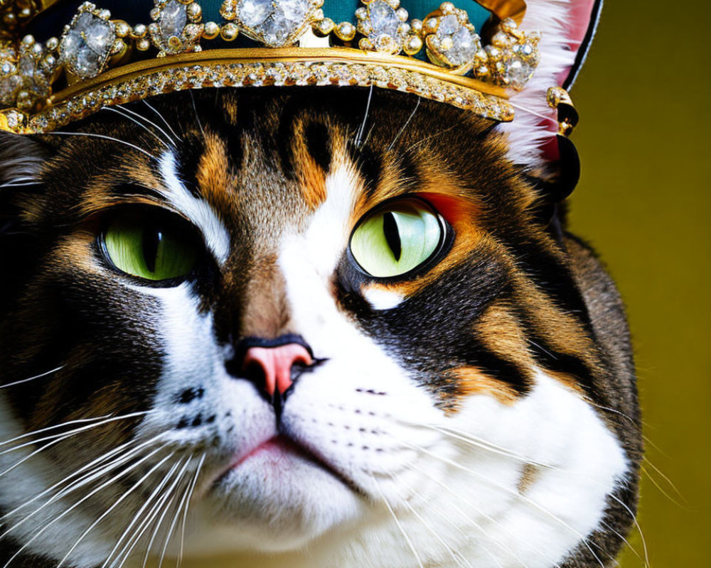 Majestic cat with green eyes in ornate golden crown
