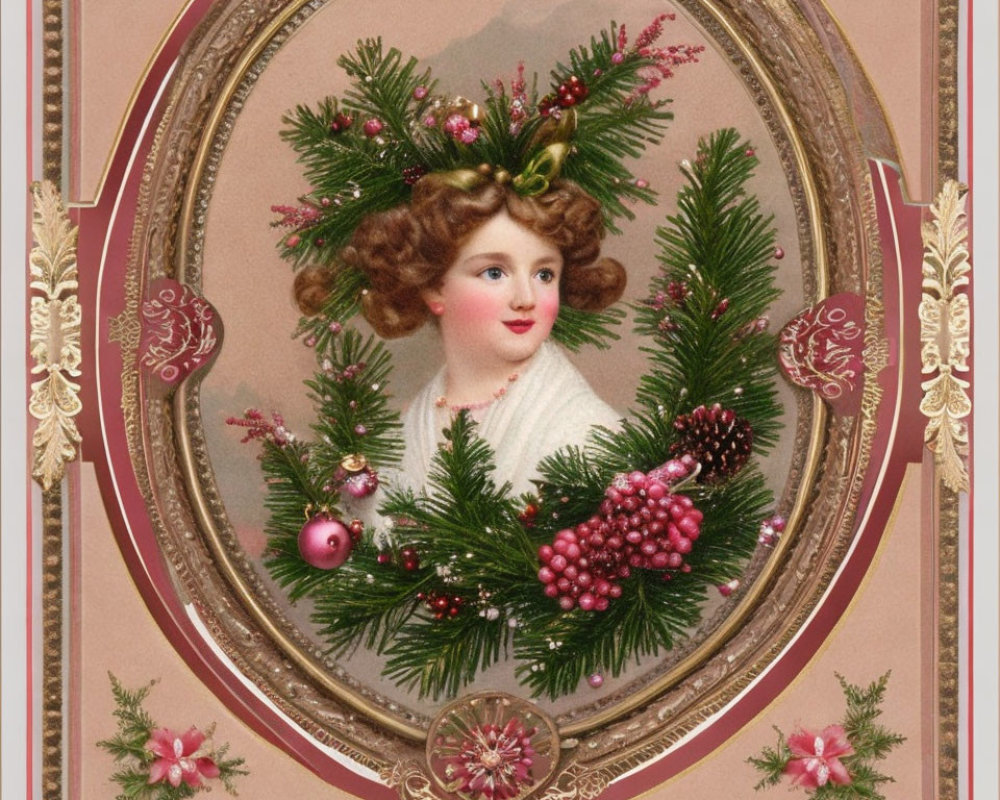 Vintage Holiday Card with Woman Portrait and Christmas Wreath