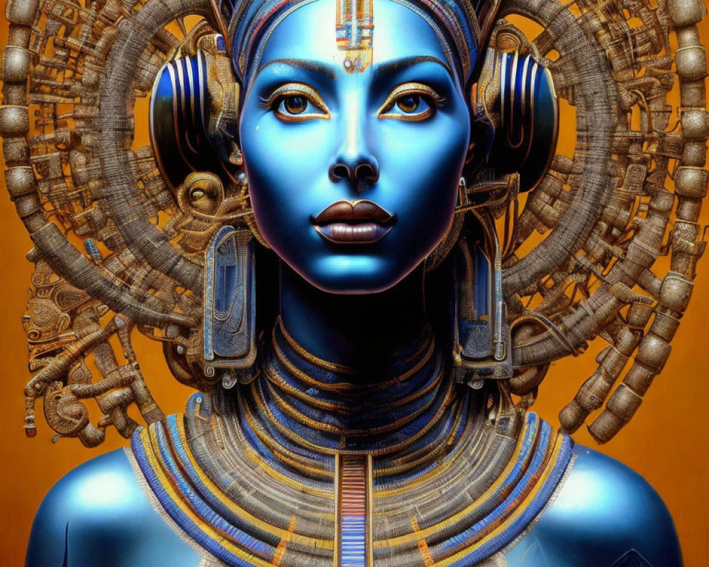 Futuristic Egyptian-inspired female figure with blue skin and golden headdress