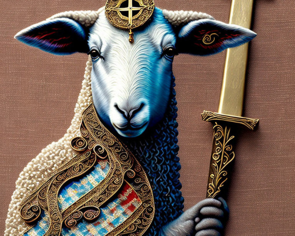 Regal Sheep Illustration in Medieval Attire on Brown Background