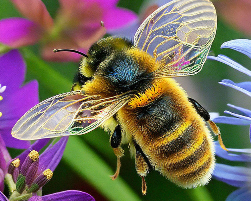 Colorful Bee Collecting Nectar from Purple Flowers