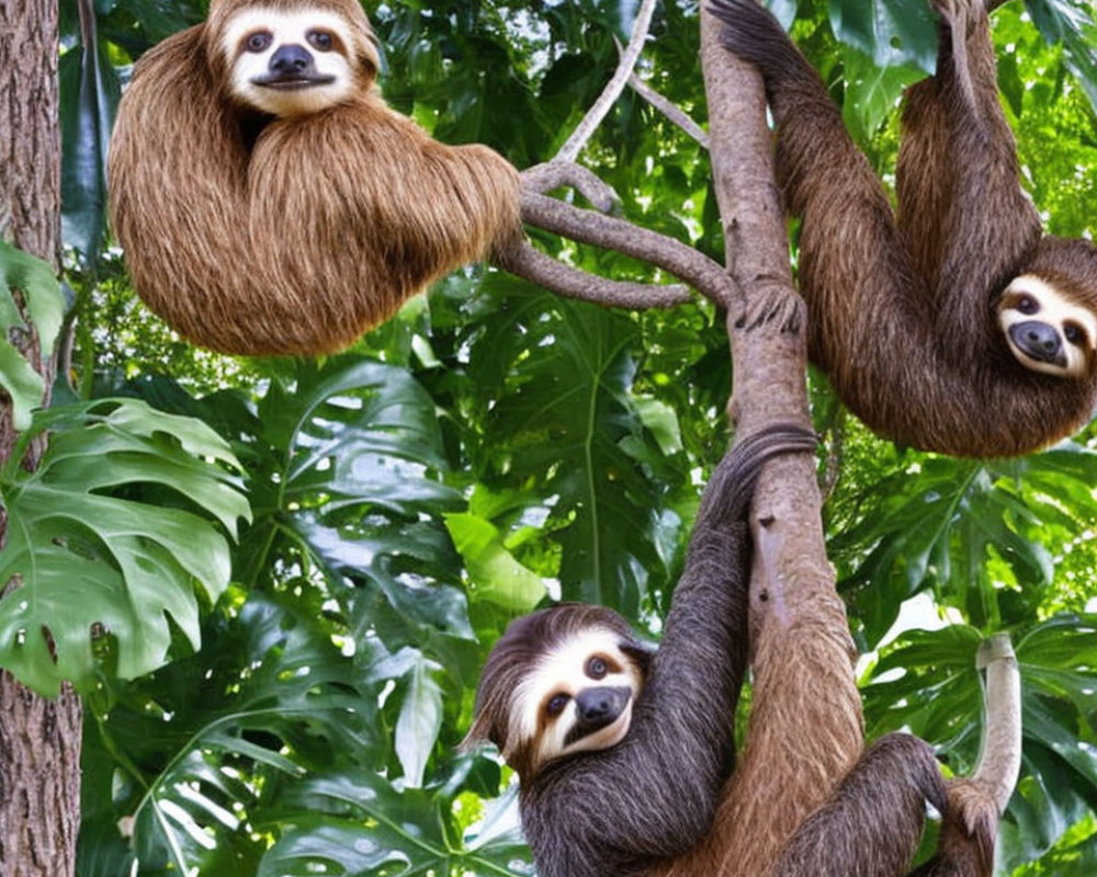 Three sloths in lush green forest hanging from branches