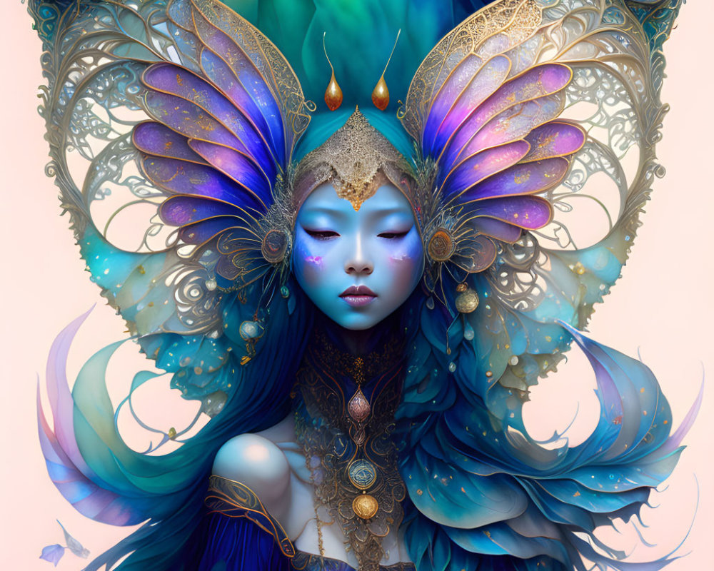 Fantastical portrait of female figure with blue skin and butterfly wings