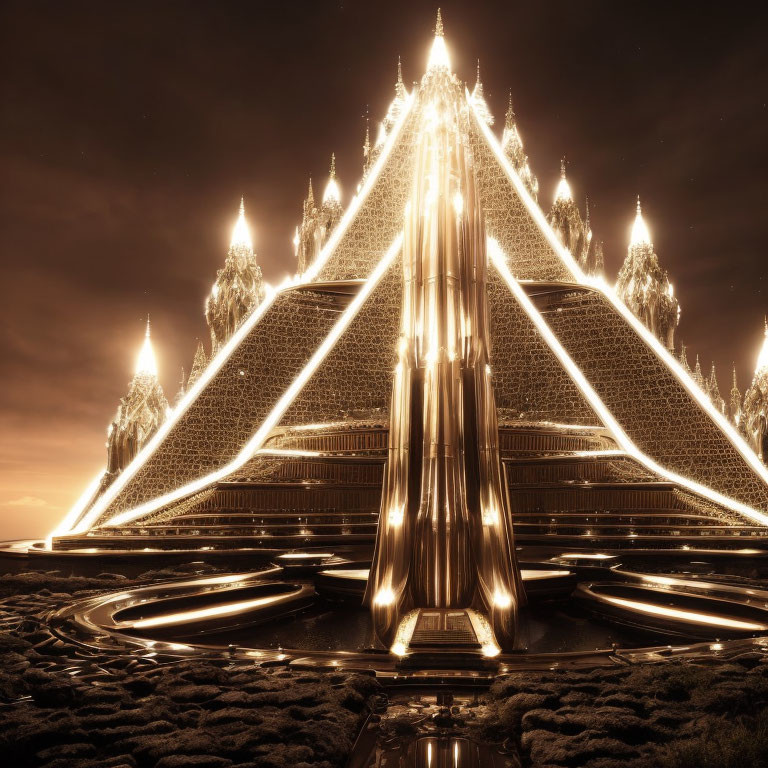 Futuristic illuminated pyramid with vertical light beams and spire-like towers