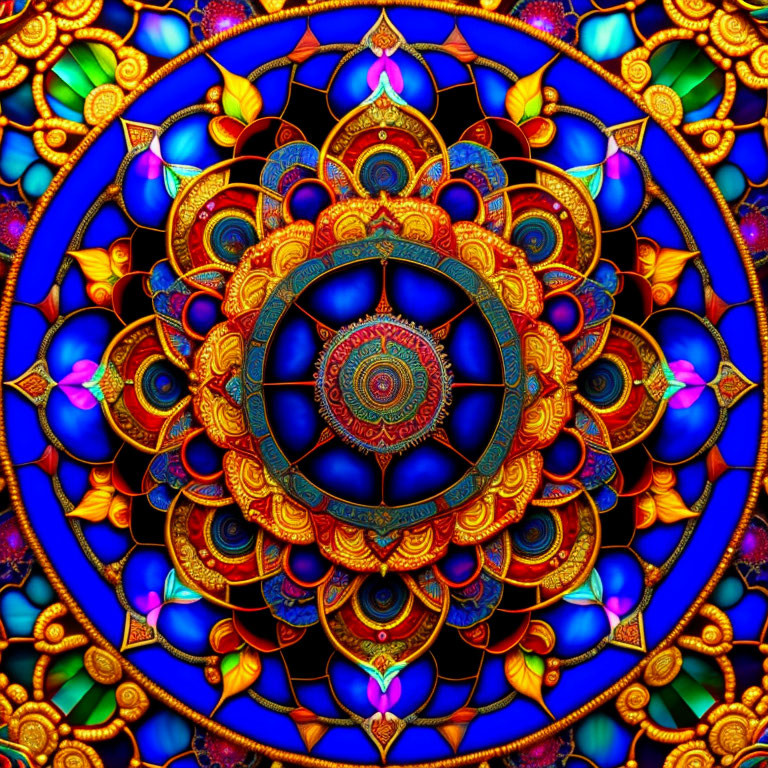 Colorful Digital Mandala with Intricate Patterns in Blues, Golds, and Purples