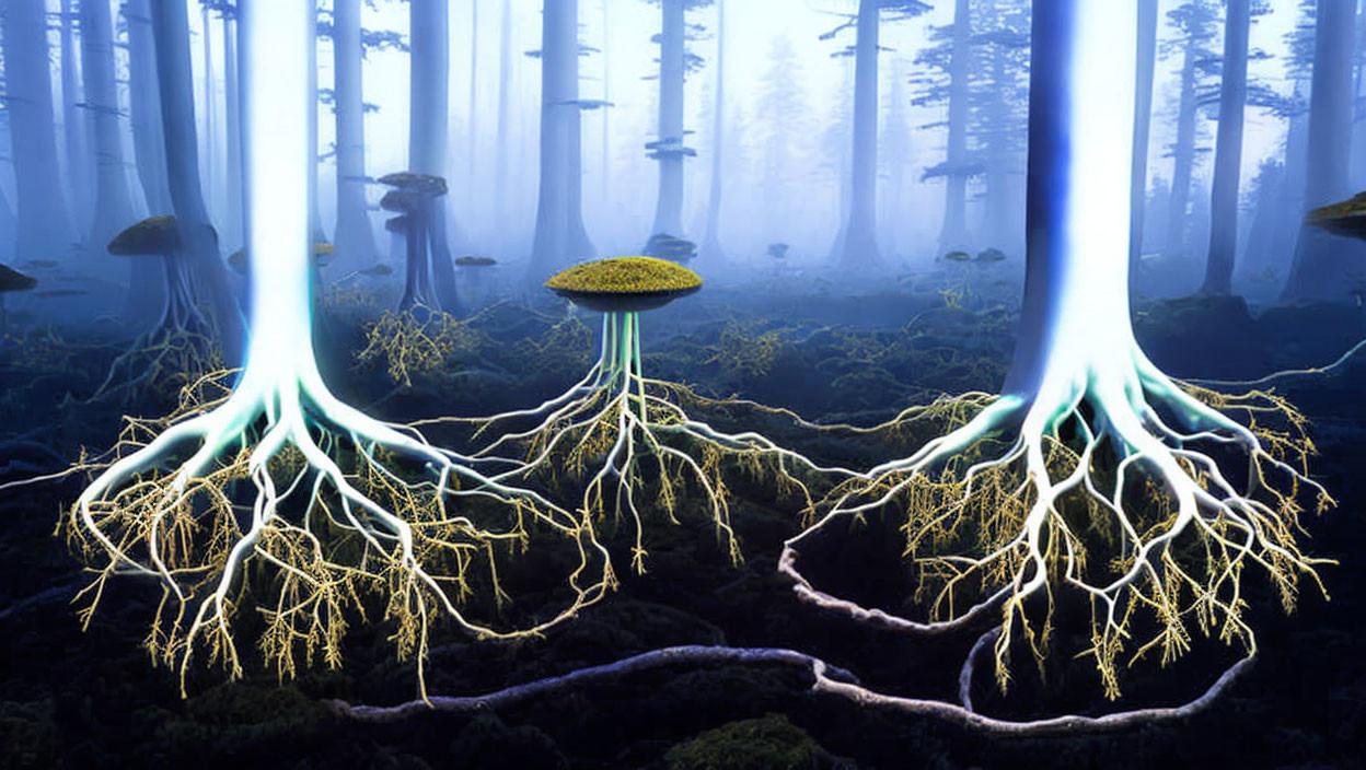 Fantasy illustration: Glowing tree-like mushrooms in misty forest
