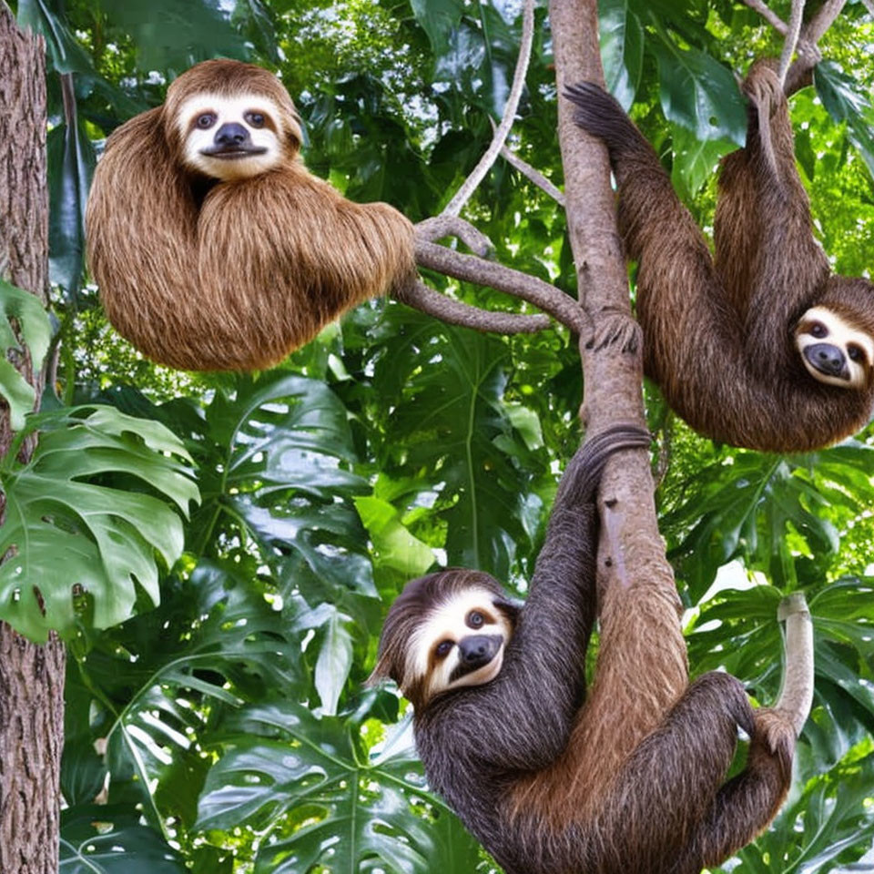 Three sloths in lush green forest hanging from branches