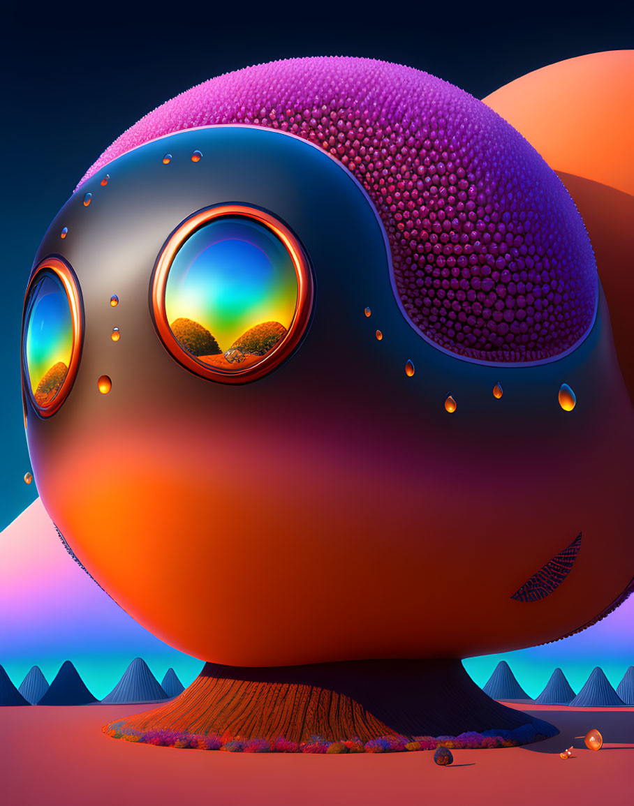 Colorful 3D illustration: spherical creature with textured surface and sunset landscape reflection in bulbous eyes