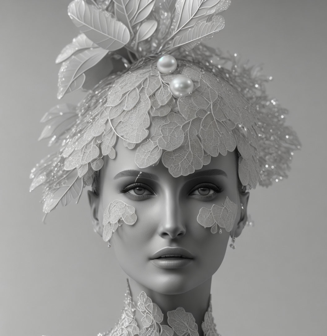 Monochrome portrait of woman with leaf-patterned headdress and pearls, showing pensive expression