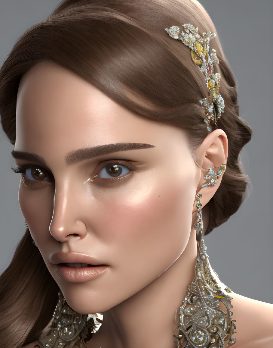 Detailed makeup and intricate jewelry on woman in digital portrait