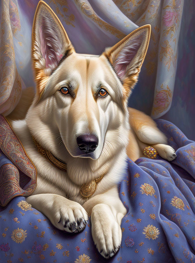 Regal Dog with Medallion Necklace on Luxurious Blue and Gold Textiles