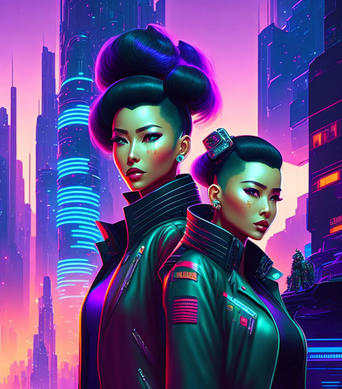 Futuristic Hairstyles on Women in Cyberpunk Cityscape