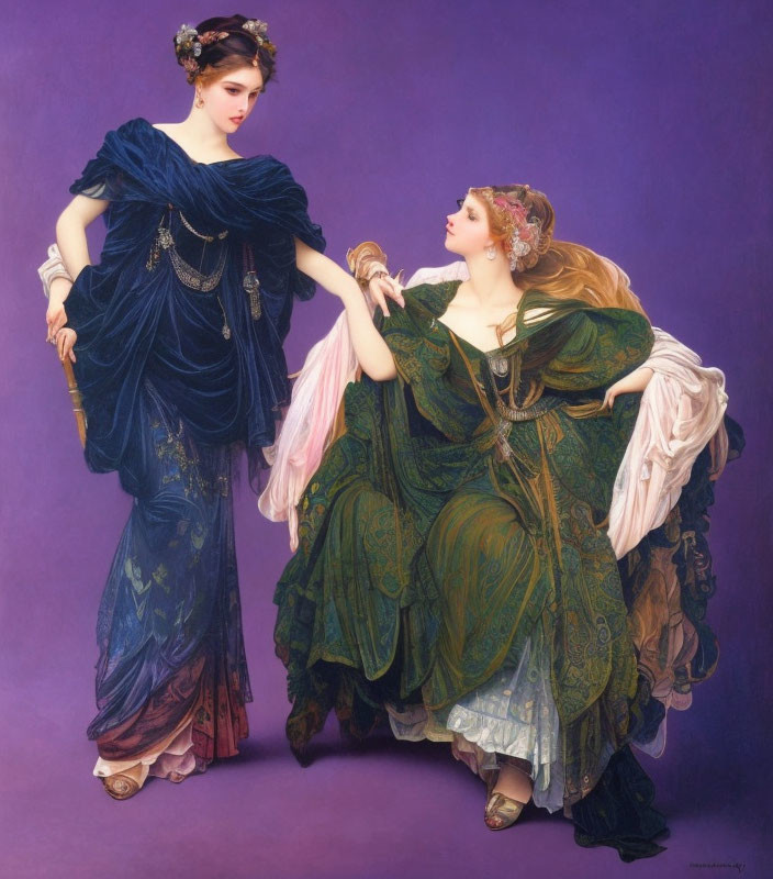 Two Women in Blue and Green Classical Dresses with Elaborate Hairstyles on Purple Background
