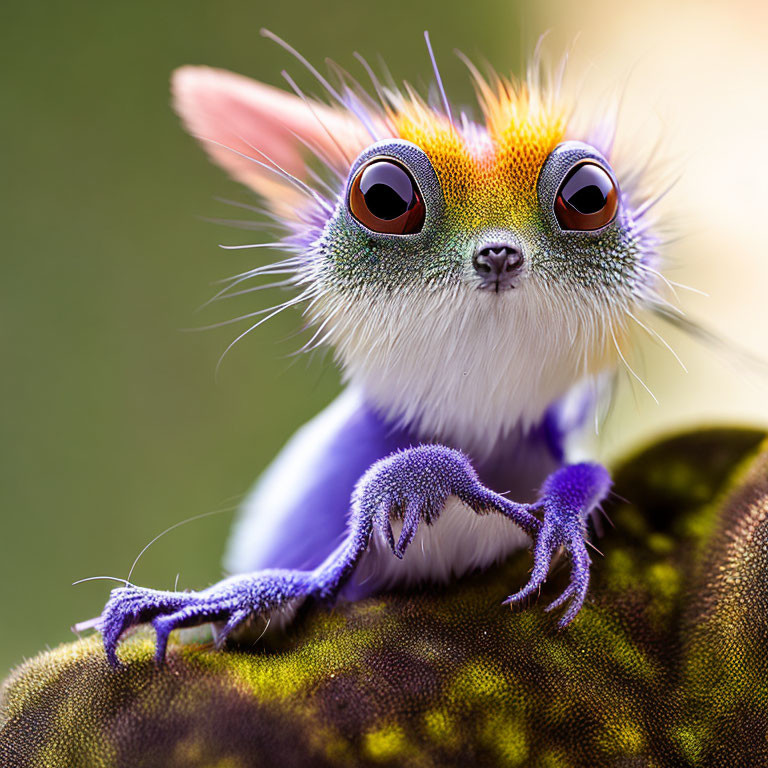 Whimsical creature with orange eyes and purple limbs on green surface